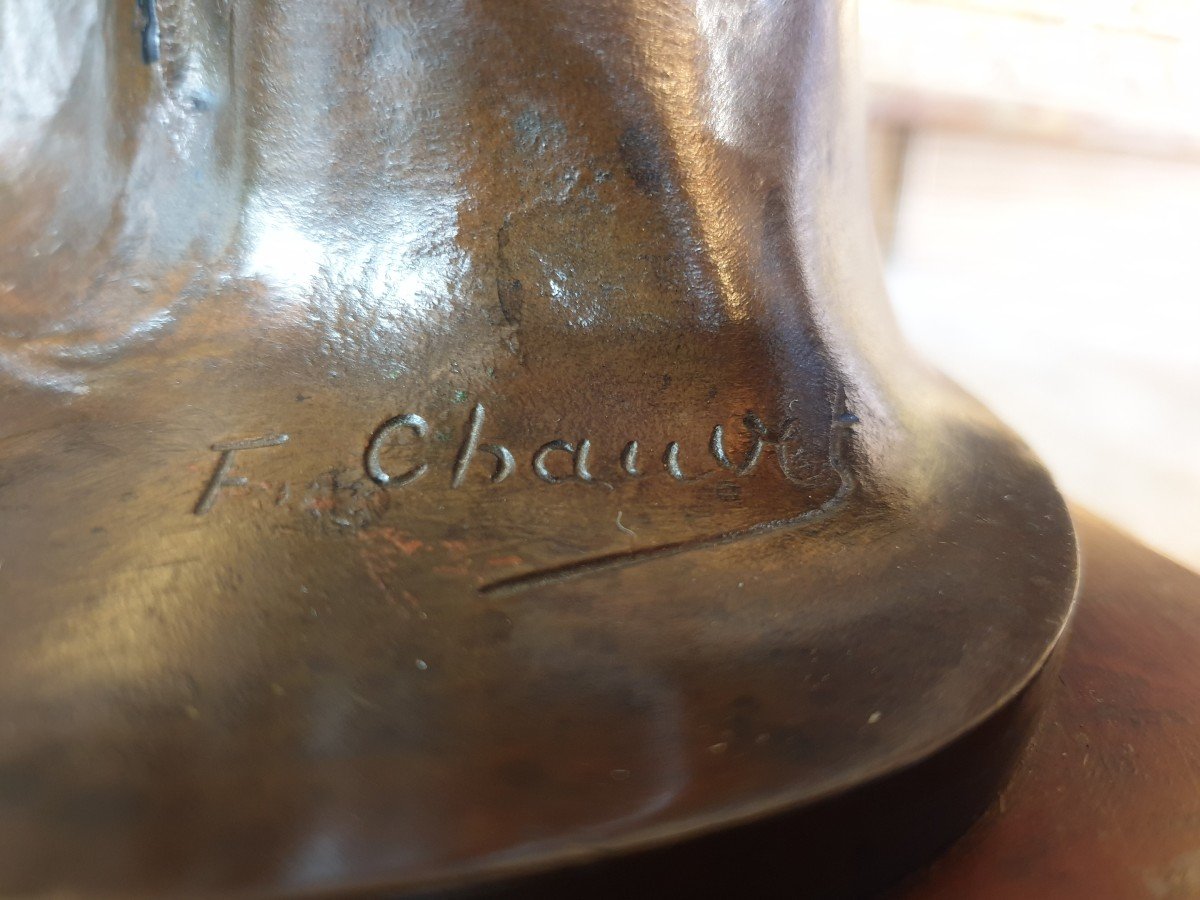 Encrier En Bronze Signé F Chauvet Sur Un Socle En Marbre Griotte -photo-3