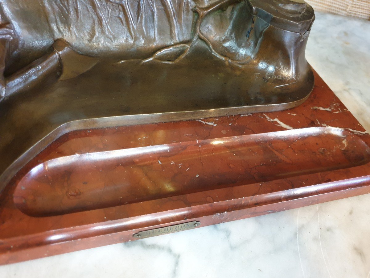 Bronze Inkwell Signed F Chauvet On A Griotte Marble Base-photo-4