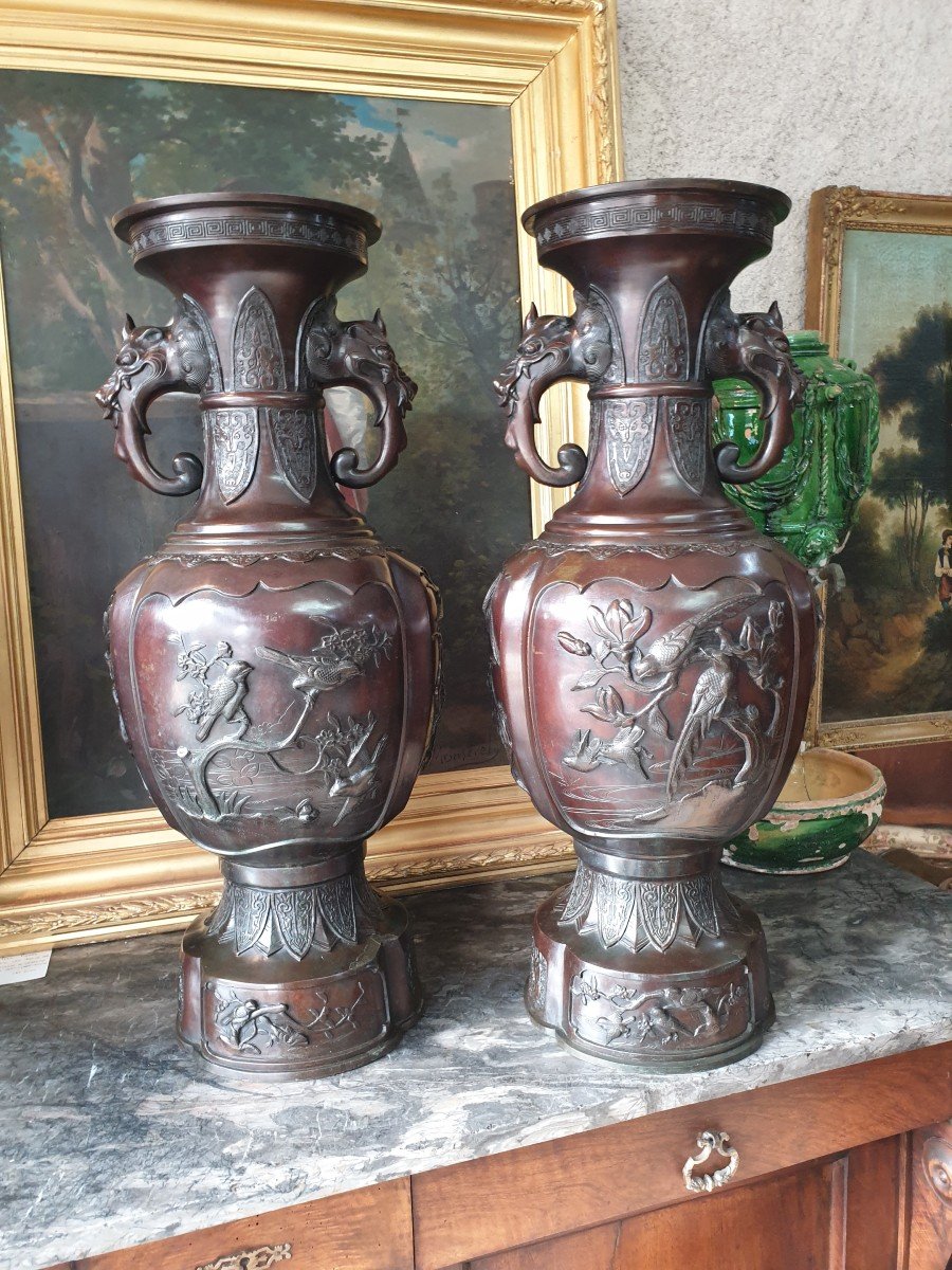 Important Pair Of Bronze Vases, Japan Meiji Era