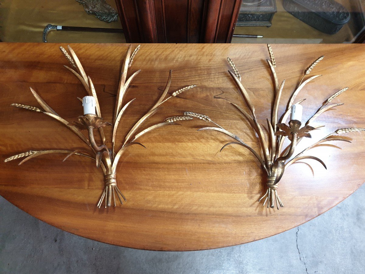 Pair Of Wall Lights In Golden Metal With Ear Of Wheat Pattern-photo-4