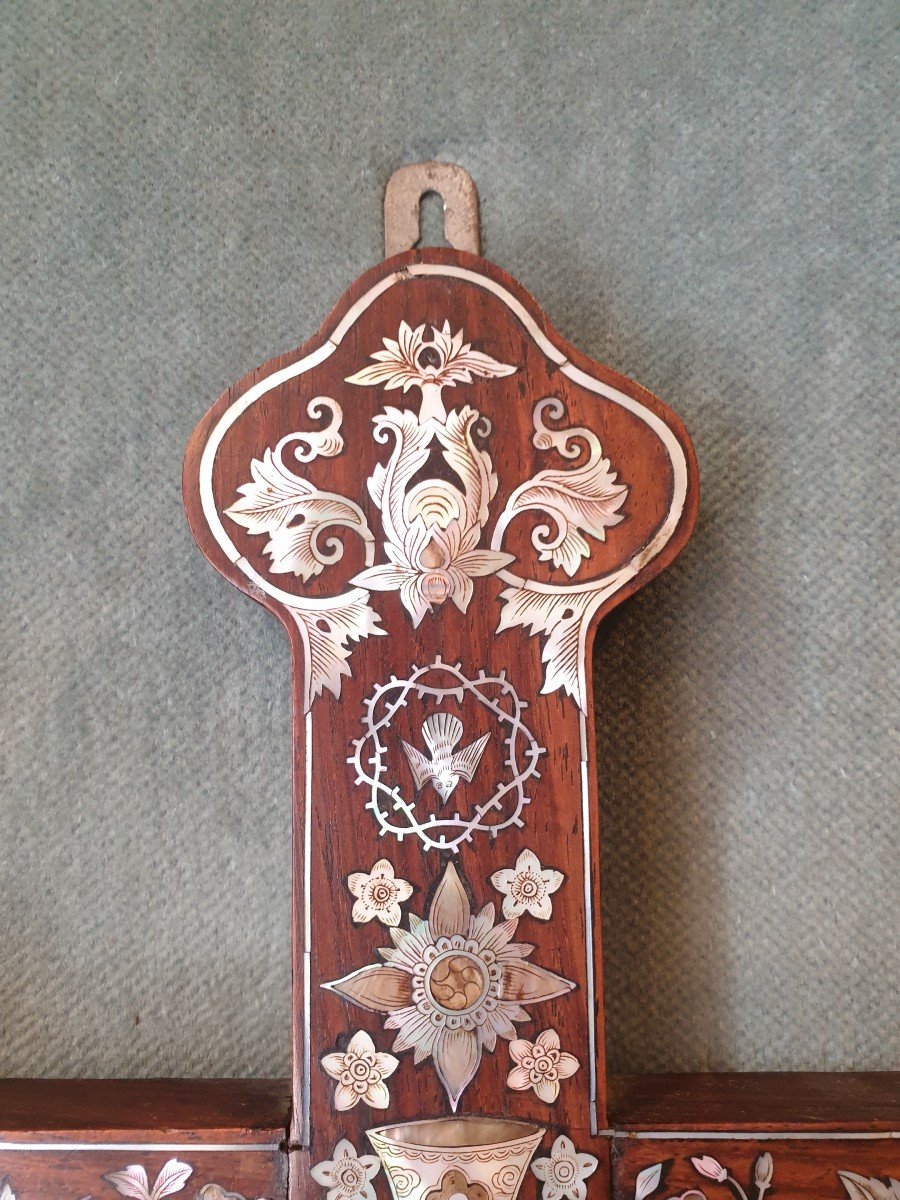 Wooden Crucifix Inlaid With Mother-of-pearl, Burgundy Cross. Indochinese Work-photo-4