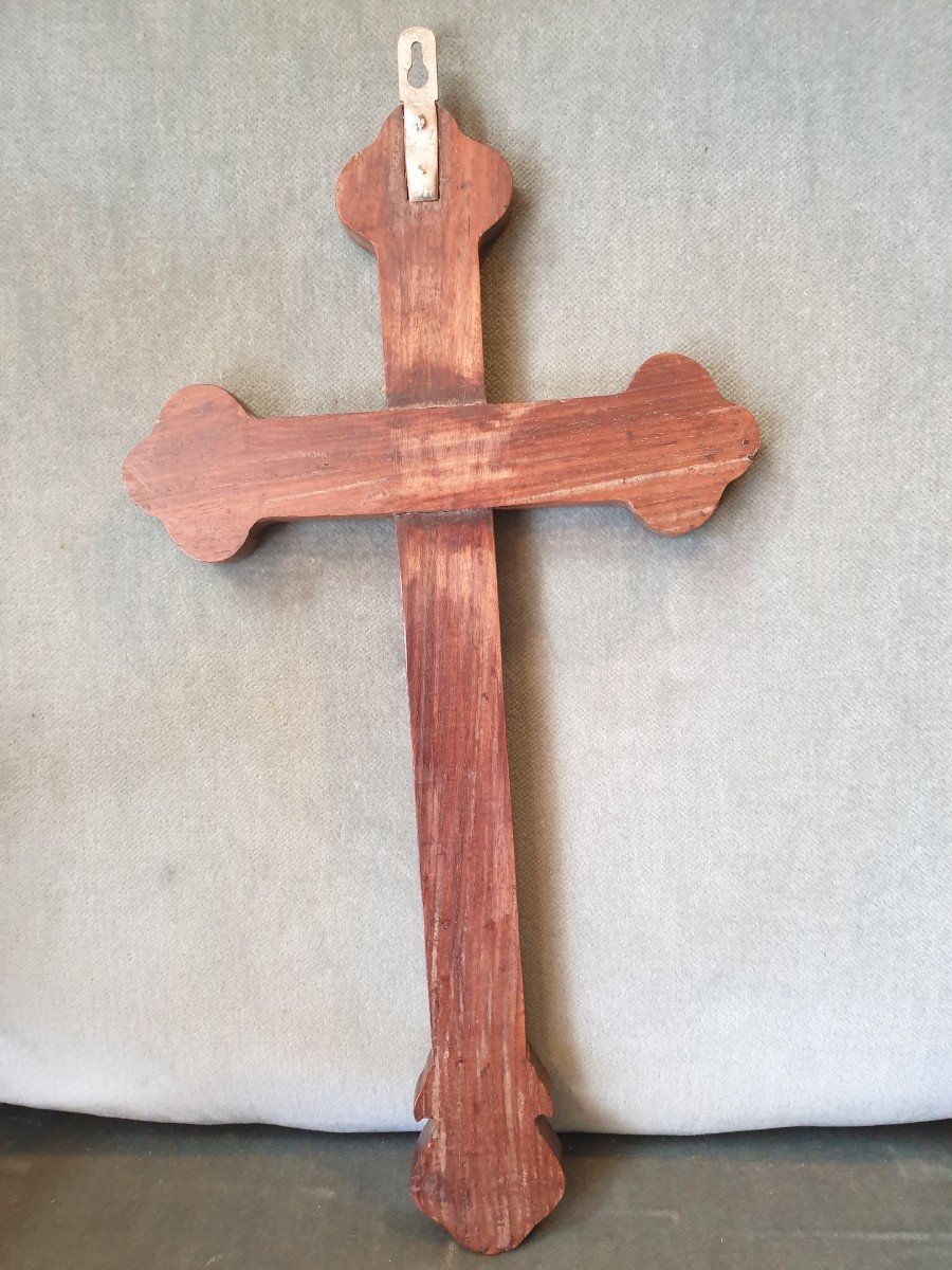 Wooden Crucifix Inlaid With Mother-of-pearl, Burgundy Cross. Indochinese Work-photo-3