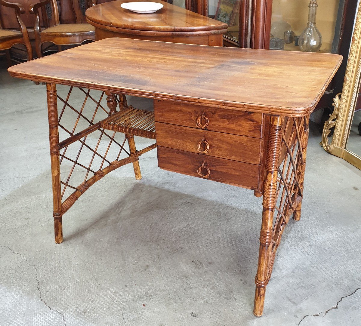 Desk In Rattan And Oak Veneer By Louis Sognot