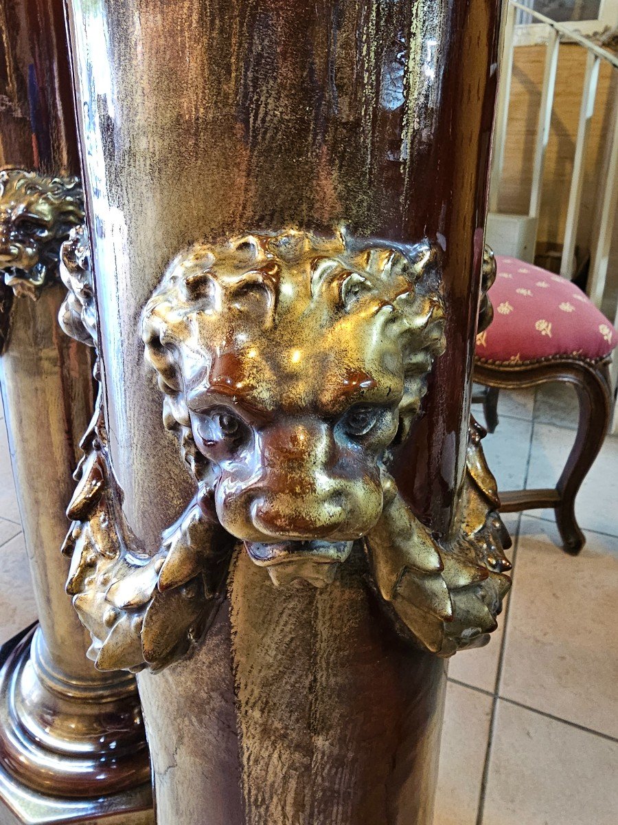 Pair Of Ceramic Columns By Clément Massier Gold Powder Finish-photo-1