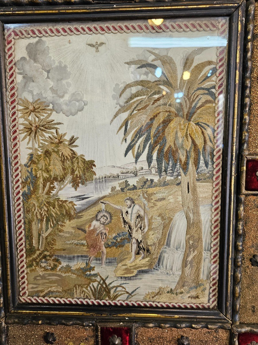 Framed Silk Embroidery Painting Representing The Baptism Of Christ-photo-2