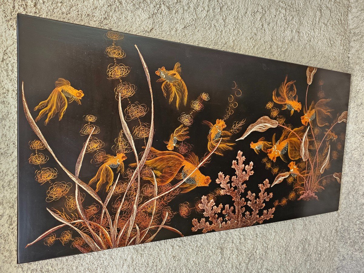 Asian Lacquer Panel With Fish Decor -photo-2