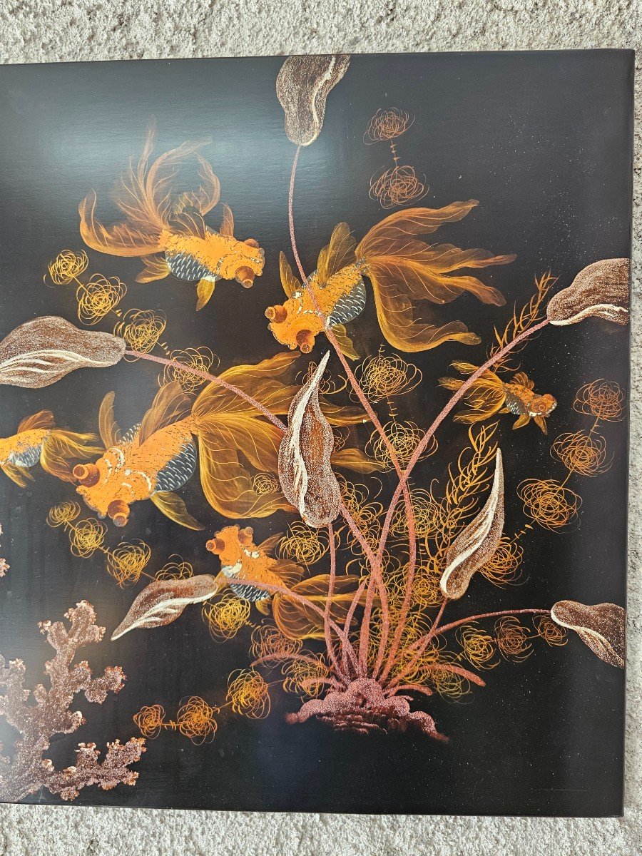 Asian Lacquer Panel With Fish Decor -photo-4