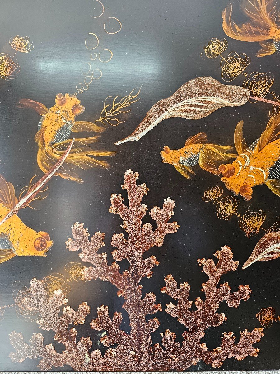 Asian Lacquer Panel With Fish Decor -photo-6