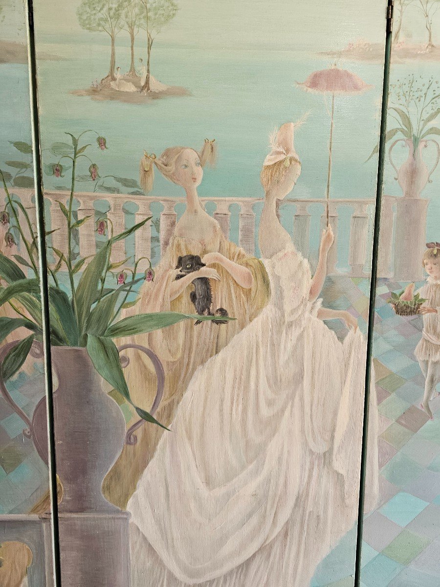 Four-leaf Double-sided Screen Signed Françoise Estachy (1908- V.1988)-photo-6
