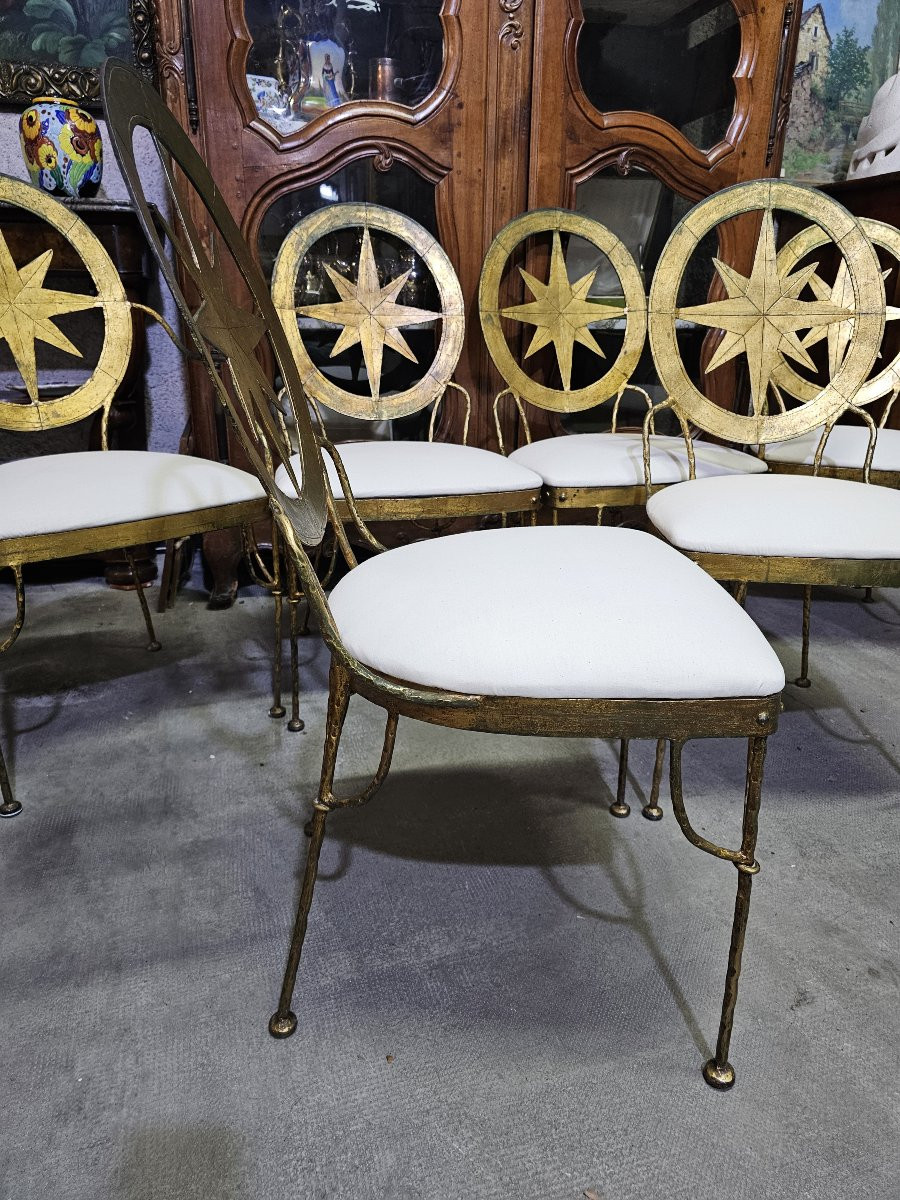 Ensemble De 4 Chaises Et 2 Fauteuils En Métal Doré XXème-photo-4