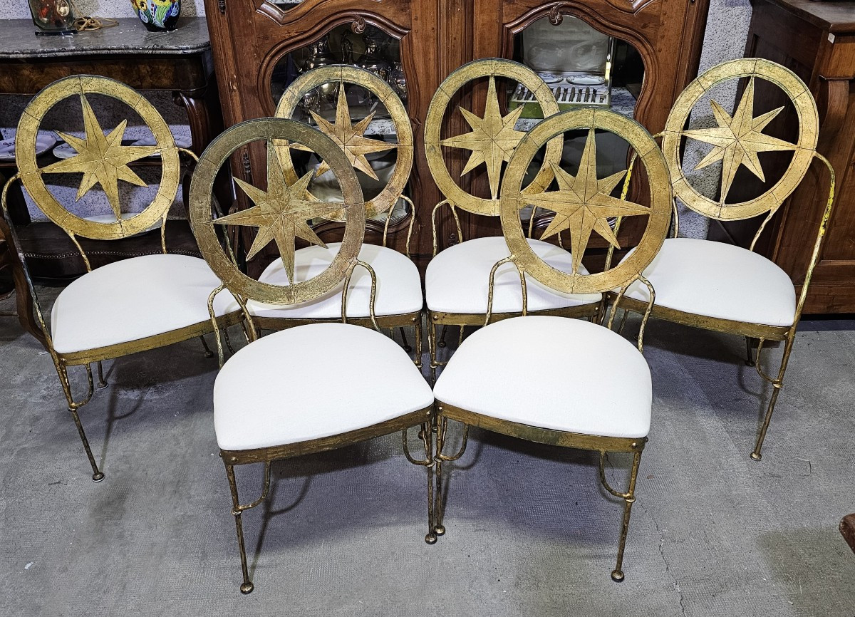 Ensemble De 4 Chaises Et 2 Fauteuils En Métal Doré XXème