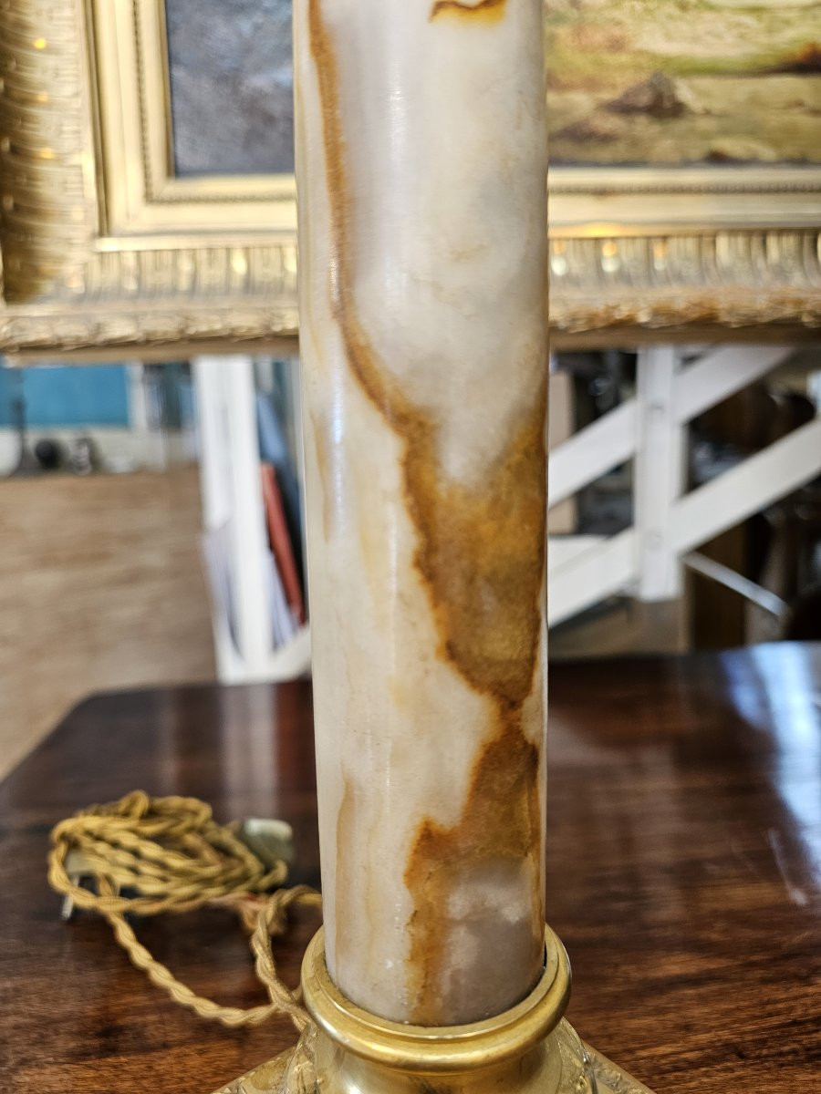 Lamp Base Forming A Corinthian Column, Onyx Shaft, Gilt Bronze Capital Base-photo-3