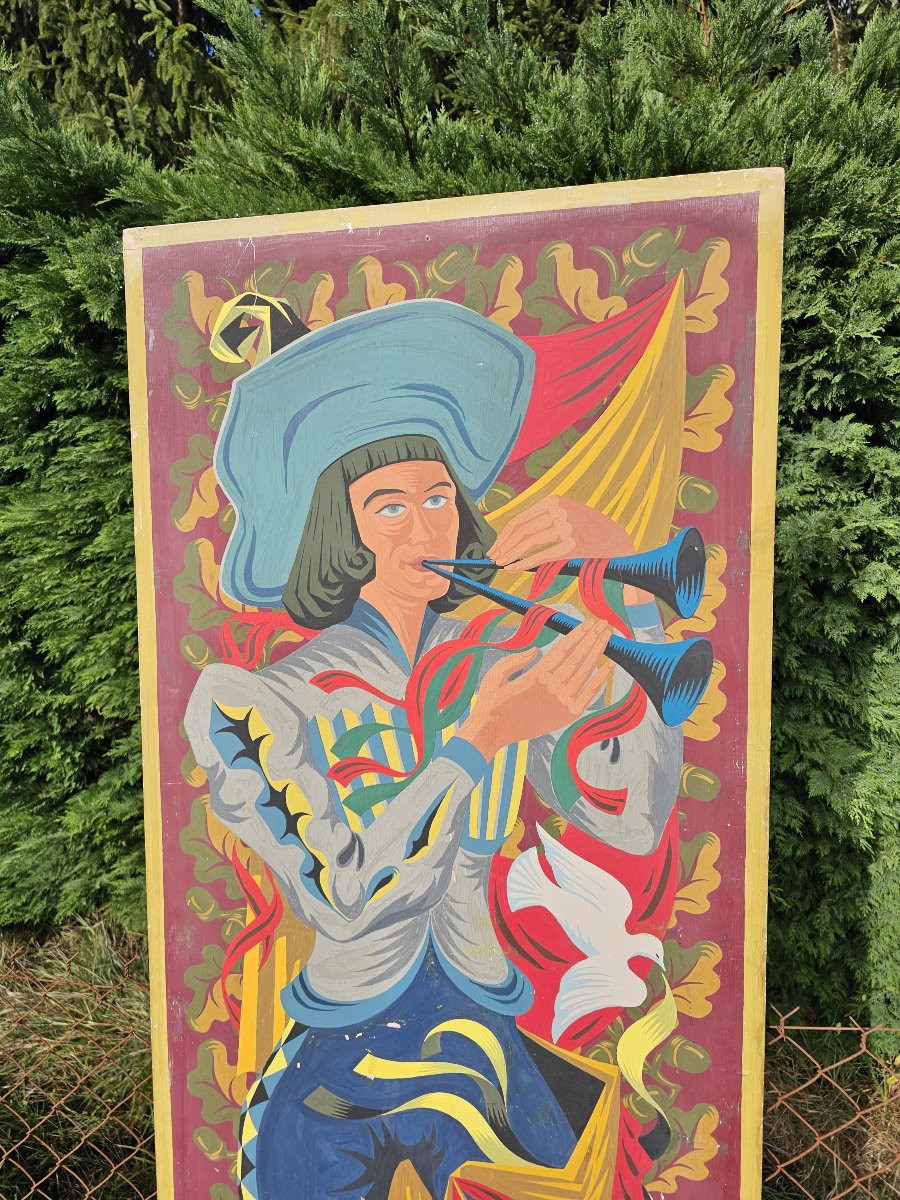 Decorative Theater Panel Depicting A Troubadour Playing The Double Flute -photo-2