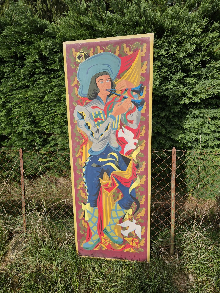 Decorative Theater Panel Depicting A Troubadour Playing The Double Flute 