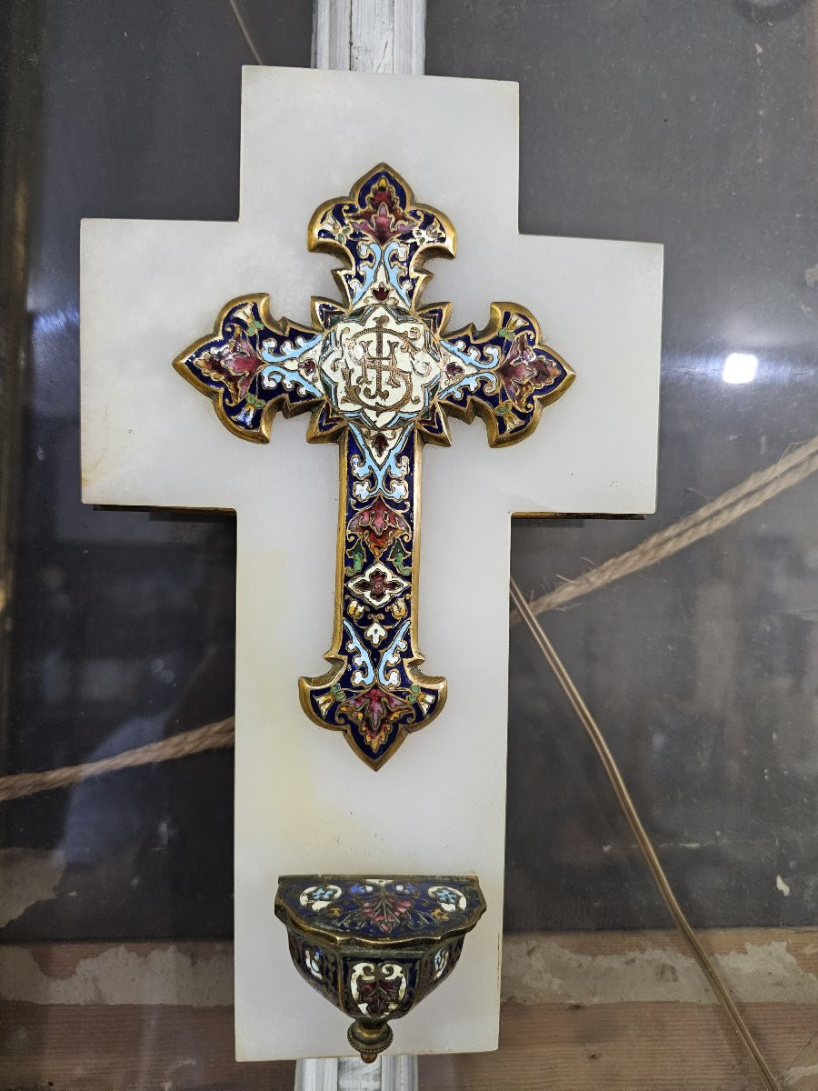 Crucifix And Holy Water Font In Cloisonné Enamel On A White Marble Cross -photo-2