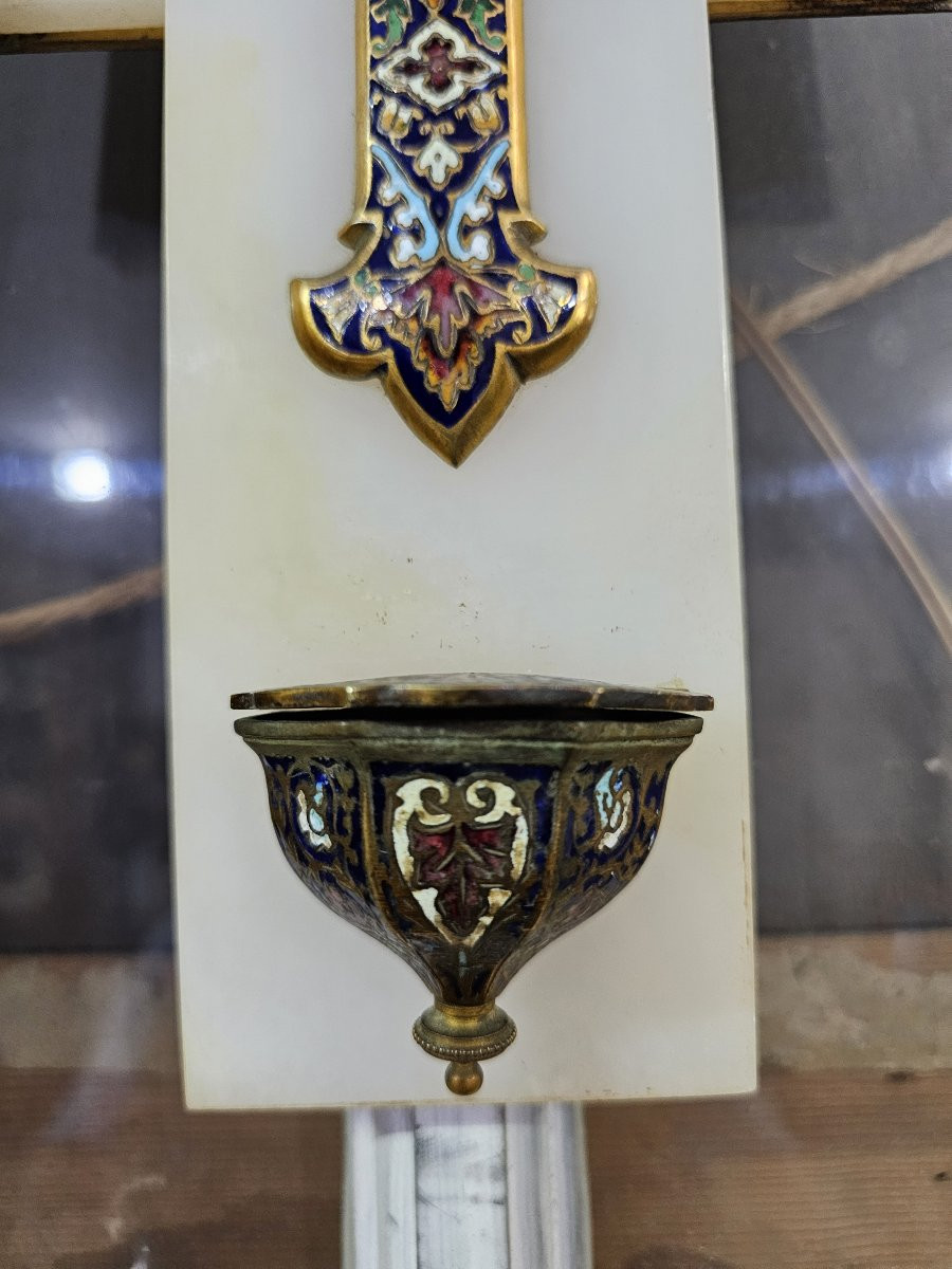 Crucifix And Holy Water Font In Cloisonné Enamel On A White Marble Cross -photo-1