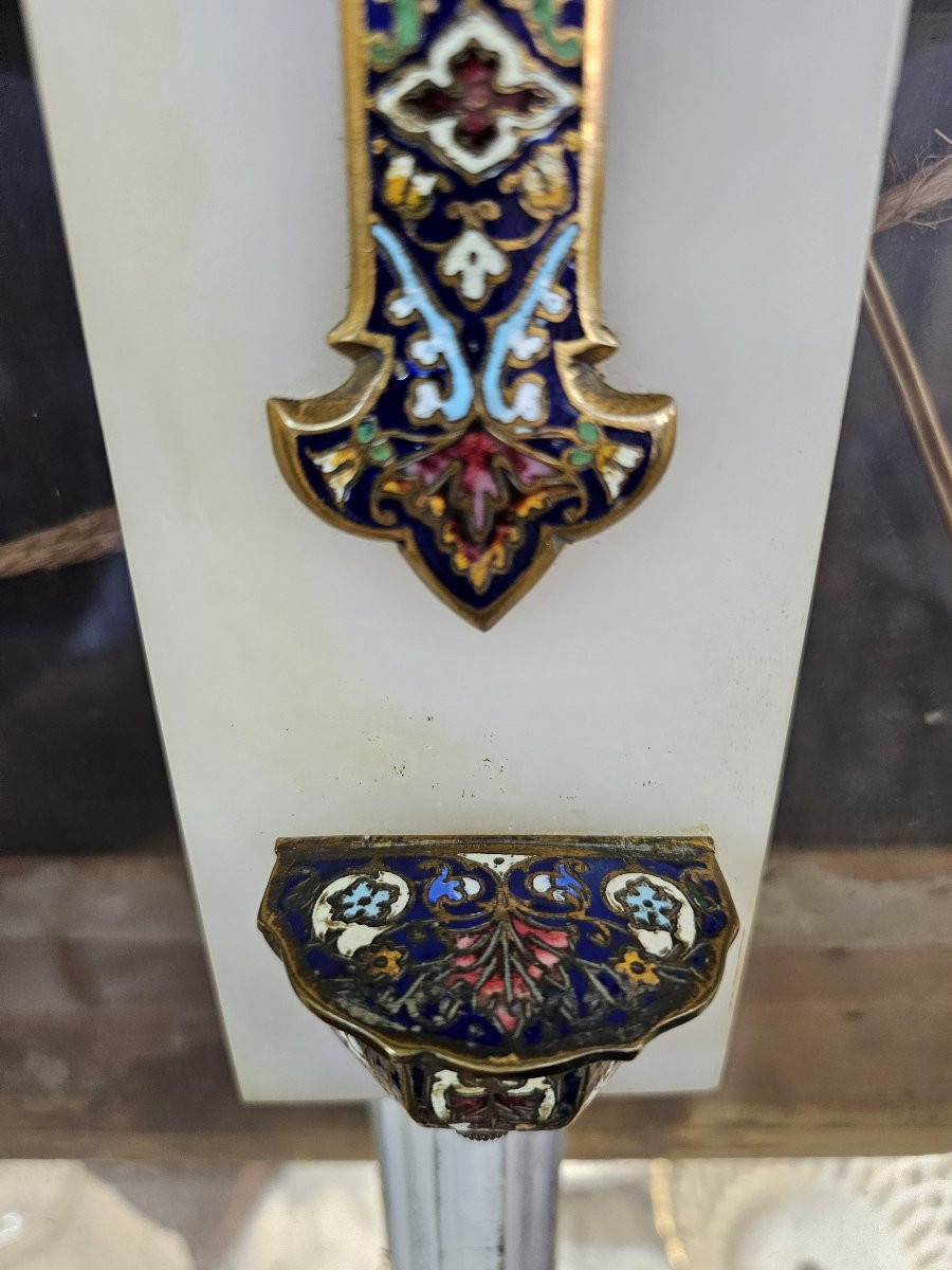 Crucifix And Holy Water Font In Cloisonné Enamel On A White Marble Cross -photo-2
