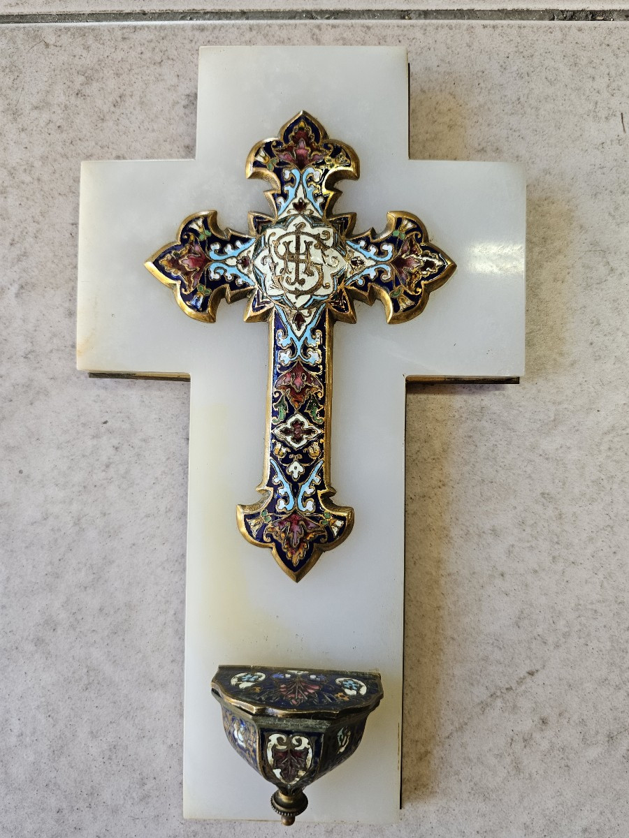 Crucifix And Holy Water Font In Cloisonné Enamel On A White Marble Cross 