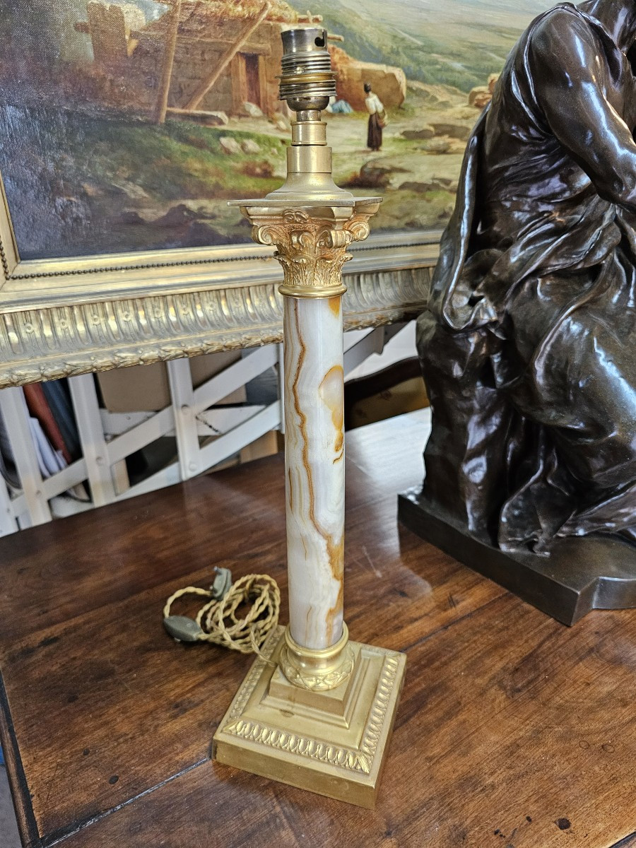 Corinthian Column-shaped Lamp Base In Onyx And Gilded Bronze 
