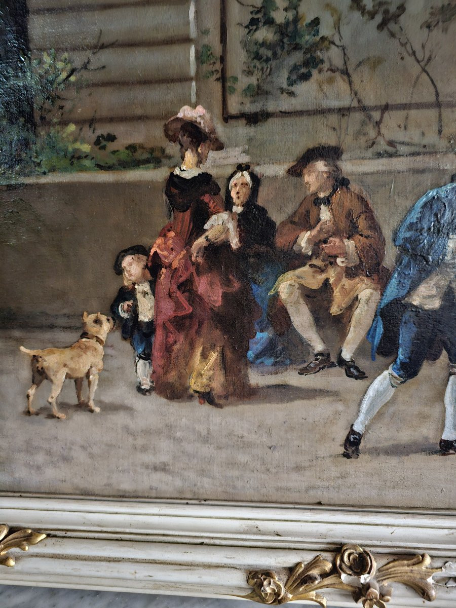 Framed Oil On Canvas Signed Isidore Pils "walk And Encounter In The Park"-photo-3