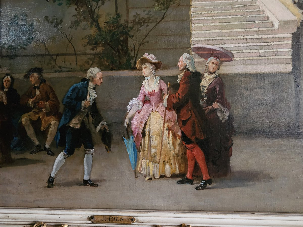 Framed Oil On Canvas Signed Isidore Pils "walk And Encounter In The Park"-photo-4