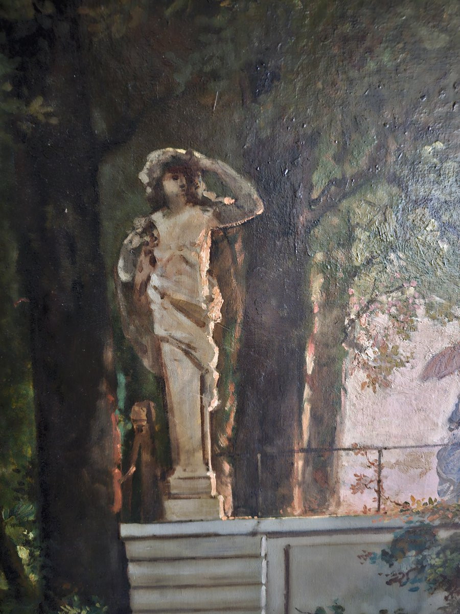 Framed Oil On Canvas Signed Isidore Pils "walk And Encounter In The Park"-photo-2