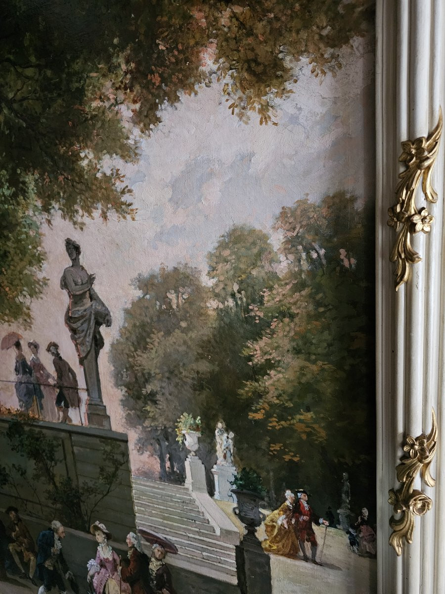 Framed Oil On Canvas Signed Isidore Pils "walk And Encounter In The Park"-photo-5