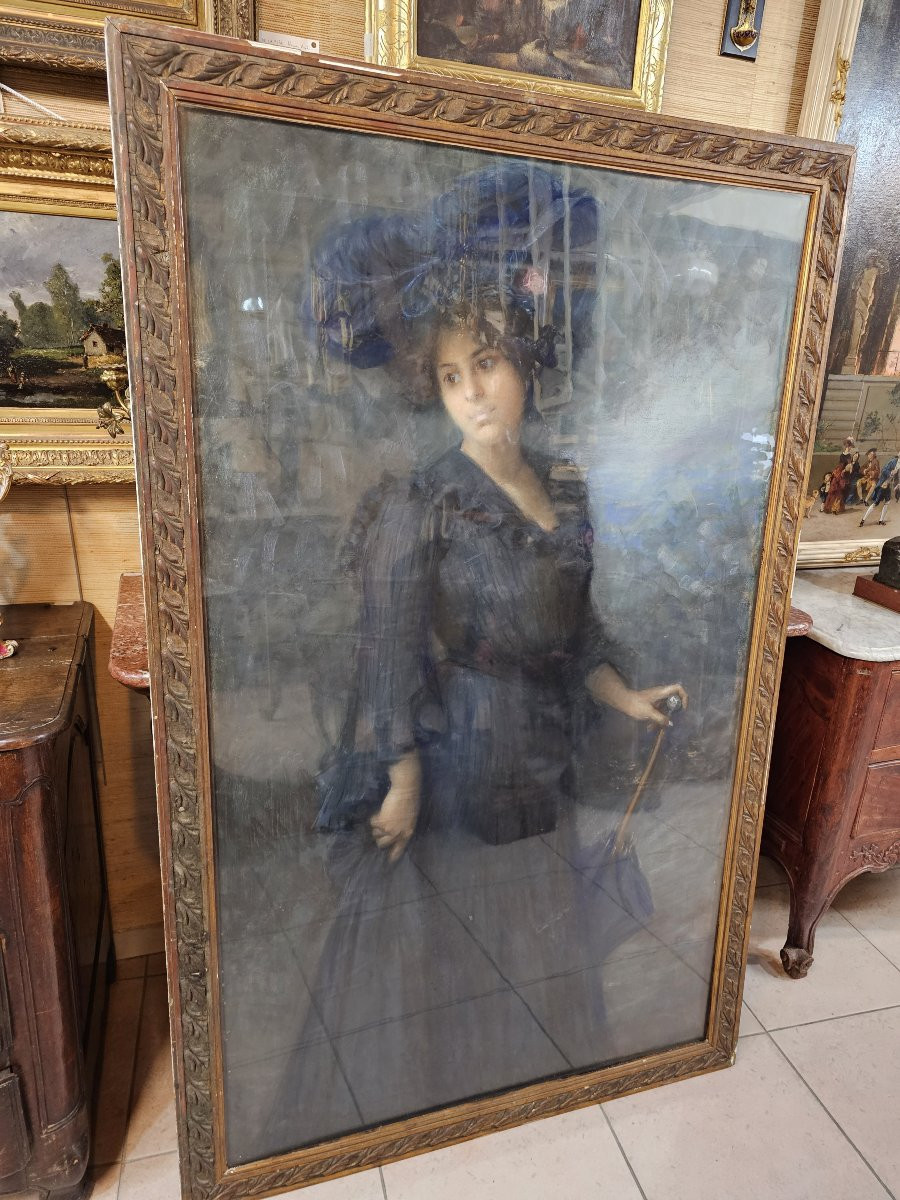 Pastel "jeune femme à l'ombrelle" signé Sonia ROUTCHIN ( 1879 - 1931 )-photo-2