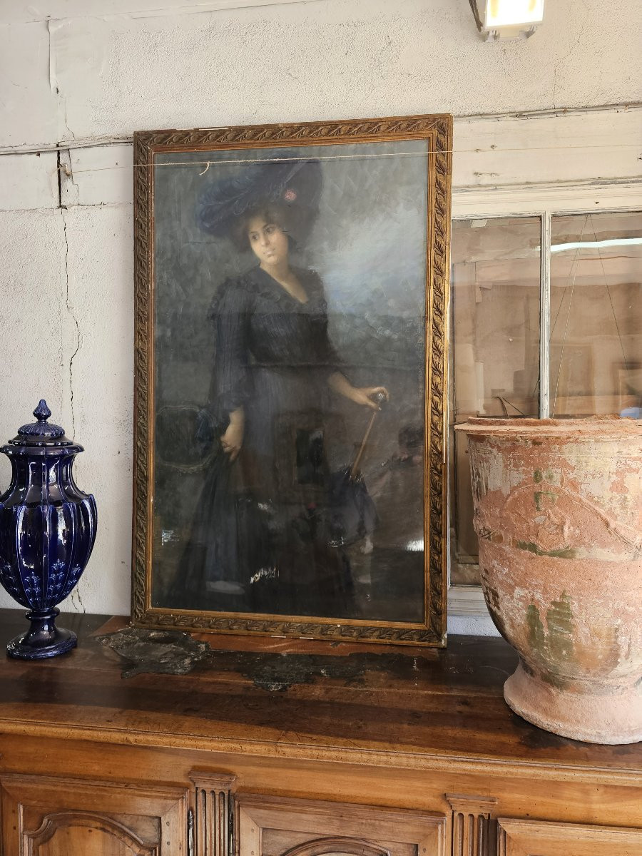 Pastel "jeune femme à l'ombrelle" signé Sonia ROUTCHIN ( 1879 - 1931 )-photo-3