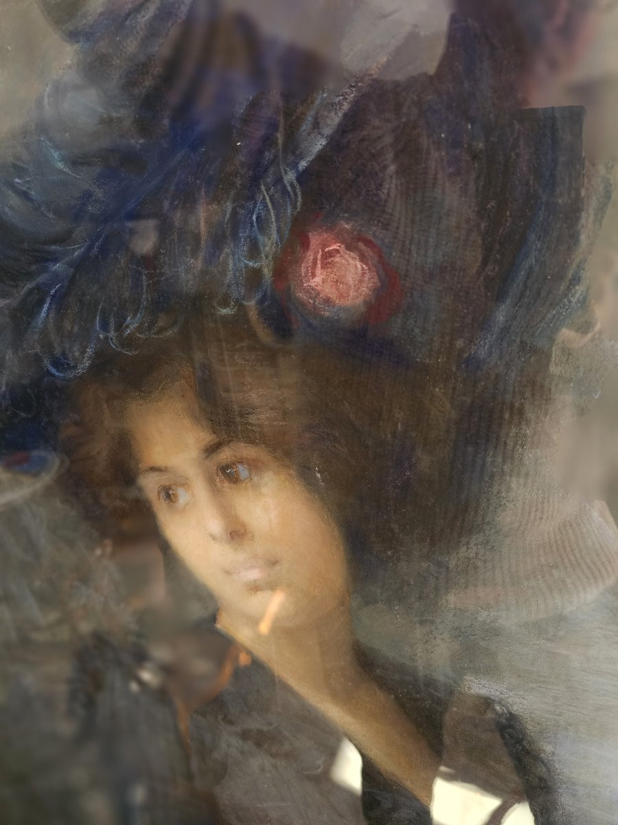 Pastel "jeune femme à l'ombrelle" signé Sonia ROUTCHIN ( 1879 - 1931 )-photo-1