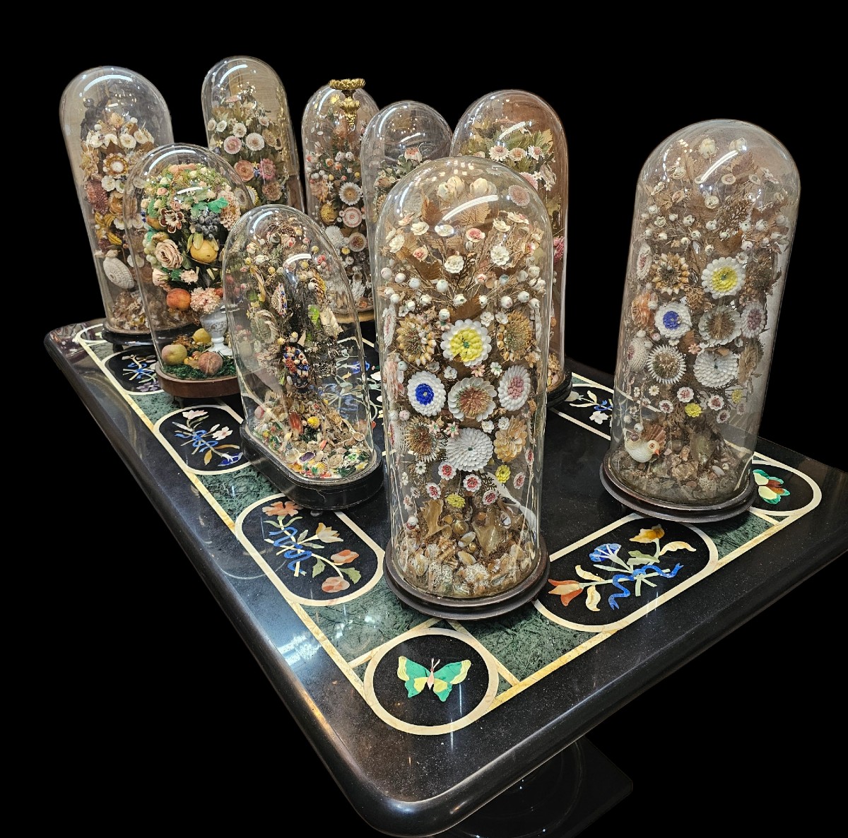 Set Of 9 Wedding Globes, Shell Work, Spain, Late 19th Century