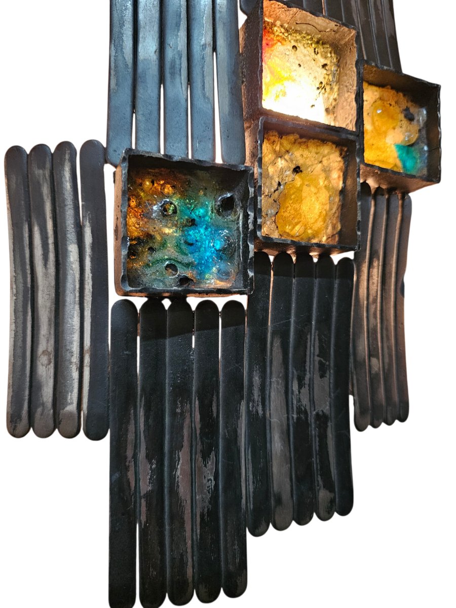 Paire d'Appliques Brutalistes en Métal  et Verre, Italie, années 70-photo-2