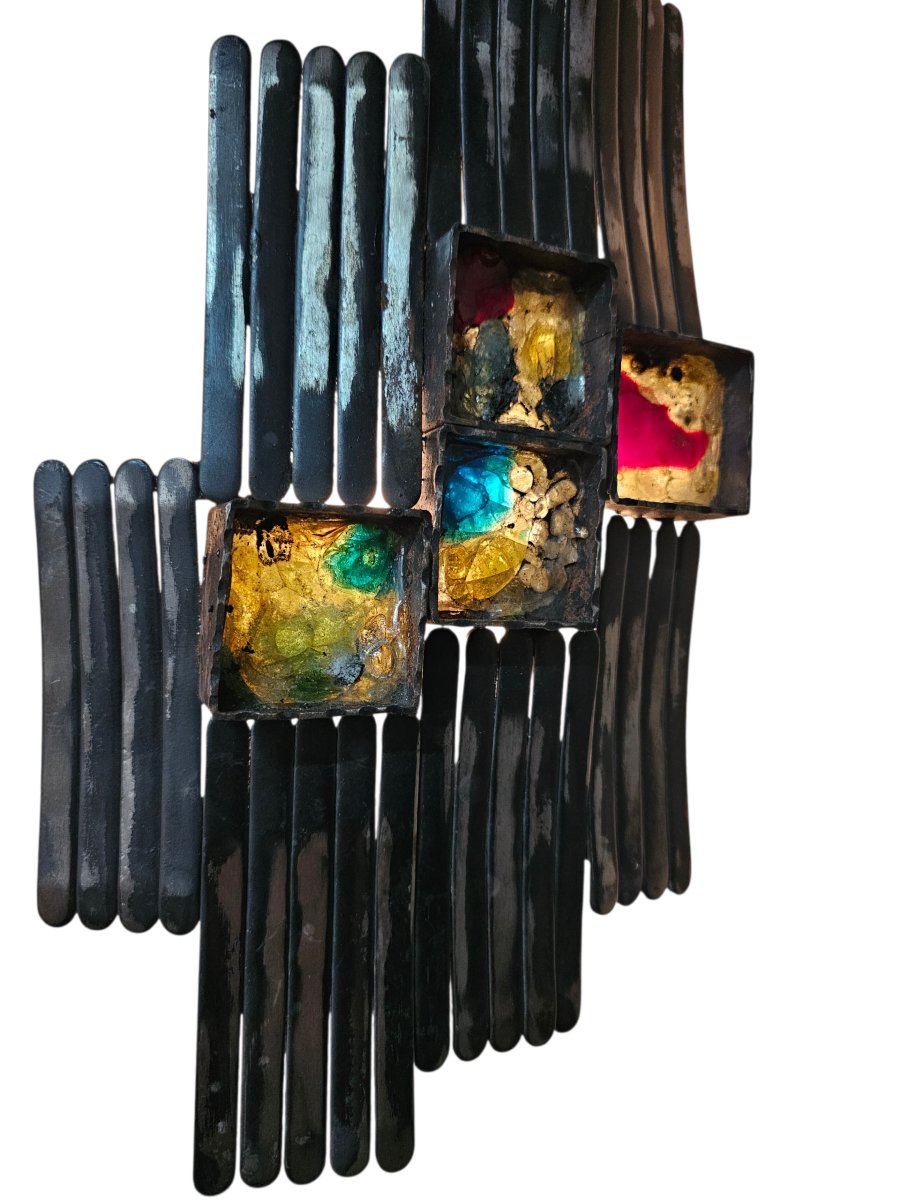 Paire d'Appliques Brutalistes en Métal  et Verre, Italie, années 70-photo-3