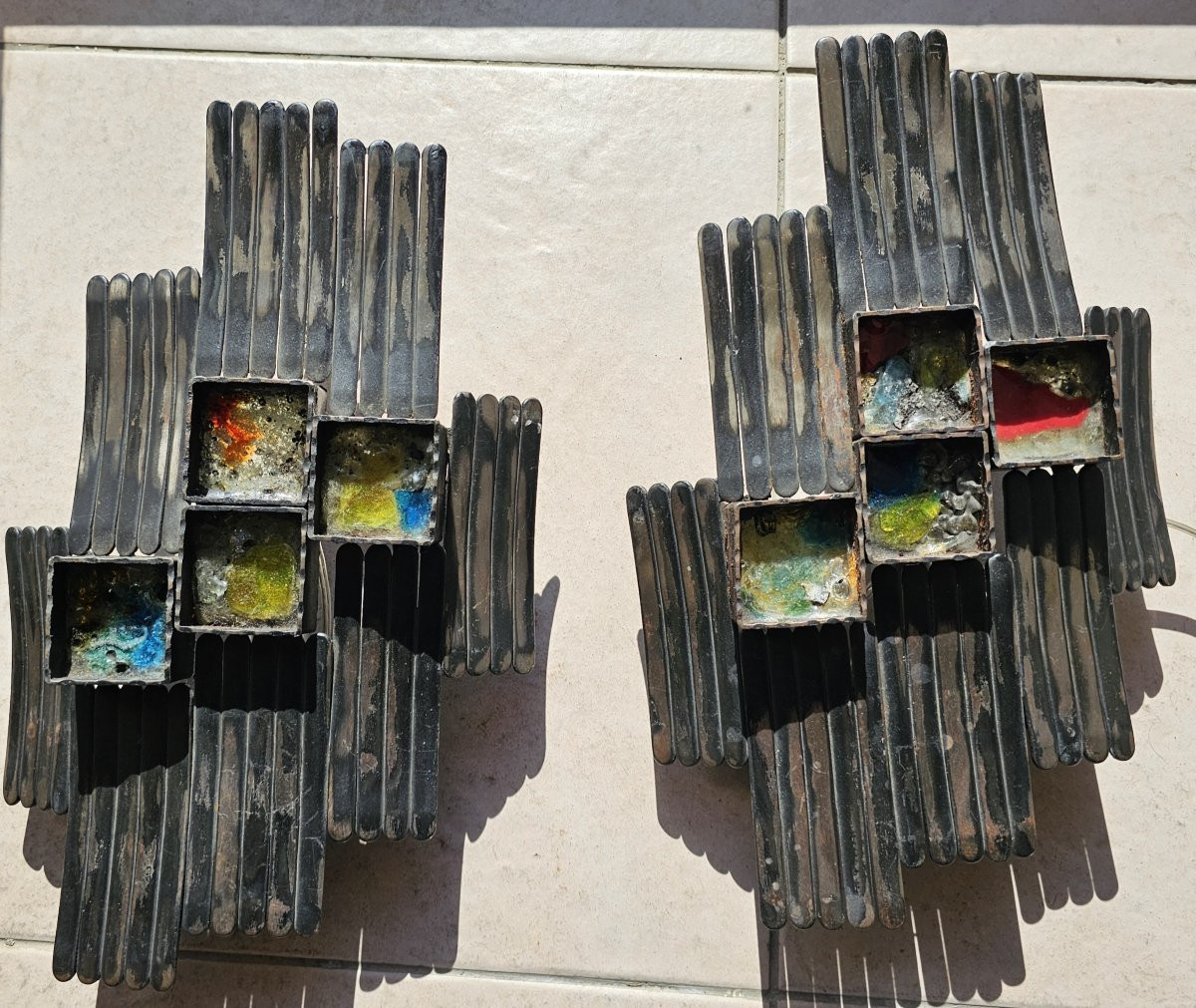 Paire d'Appliques Brutalistes en Métal  et Verre, Italie, années 70-photo-4