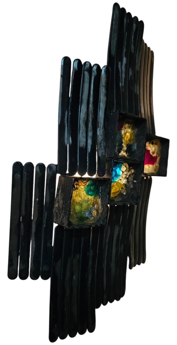 Paire d'Appliques Brutalistes en Métal  et Verre, Italie, années 70-photo-1