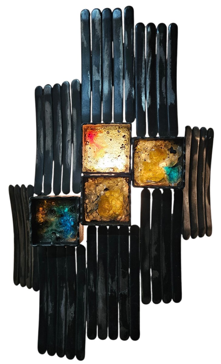 Paire d'Appliques Brutalistes en Métal  et Verre, Italie, années 70-photo-3