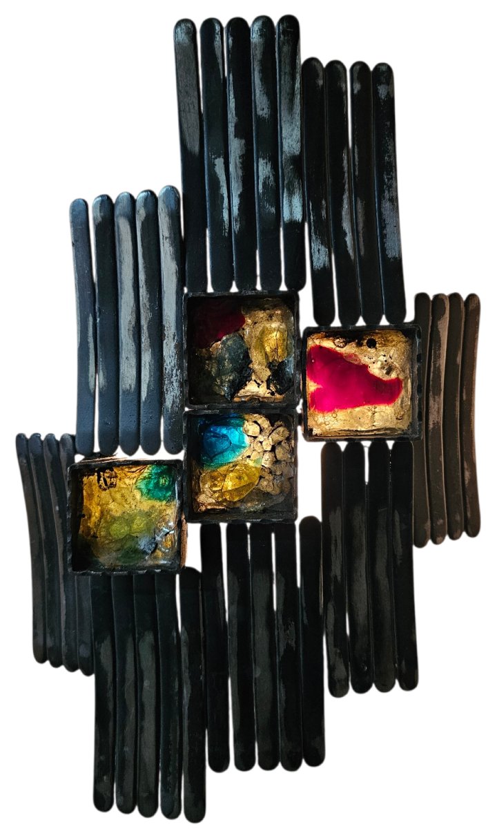 Paire d'Appliques Brutalistes en Métal  et Verre, Italie, années 70-photo-4