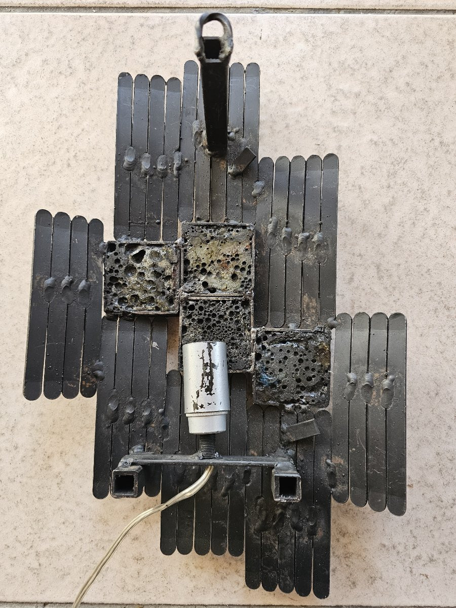 Paire d'Appliques Brutalistes en Métal  et Verre, Italie, années 70-photo-8