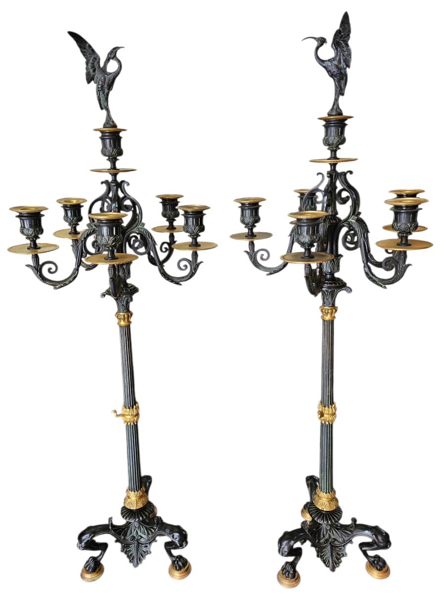 Pair Of Empire-style Candelabra In Bronze, Brass And Patinated Metal