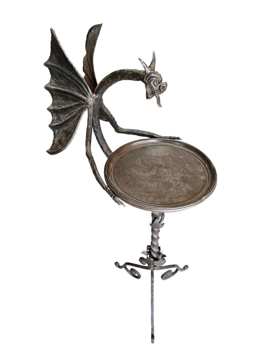 Card Or Pocket Holder On Wrought-iron Legs With Dragon Decoration, Catalan Work.-photo-2