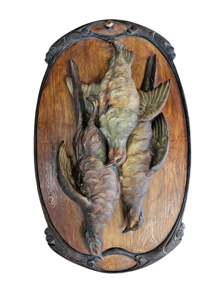 Paire de trophées de chasse en terre cuite polychrome,  marque JM pour Johan Maresh-photo-3