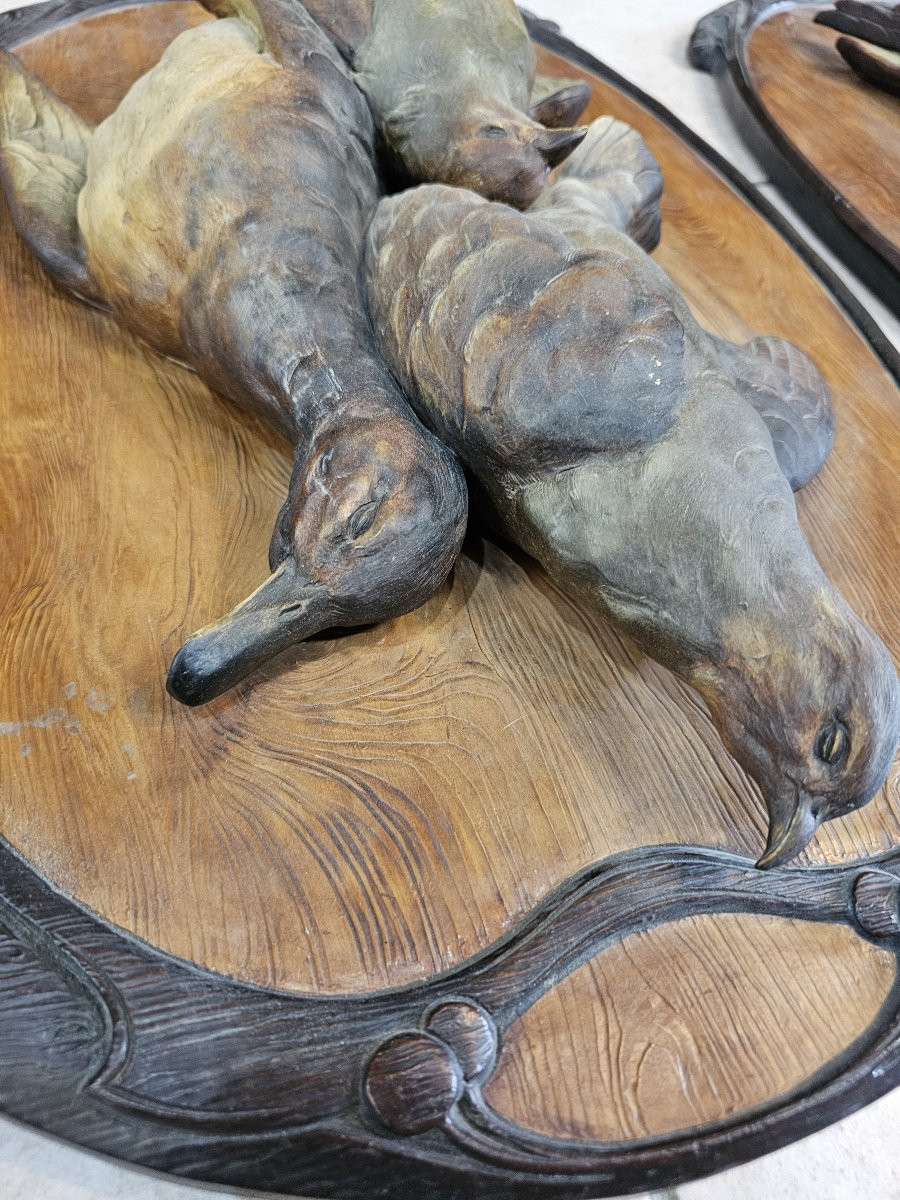 Paire de trophées de chasse en terre cuite polychrome,  marque JM pour Johan Maresh-photo-7