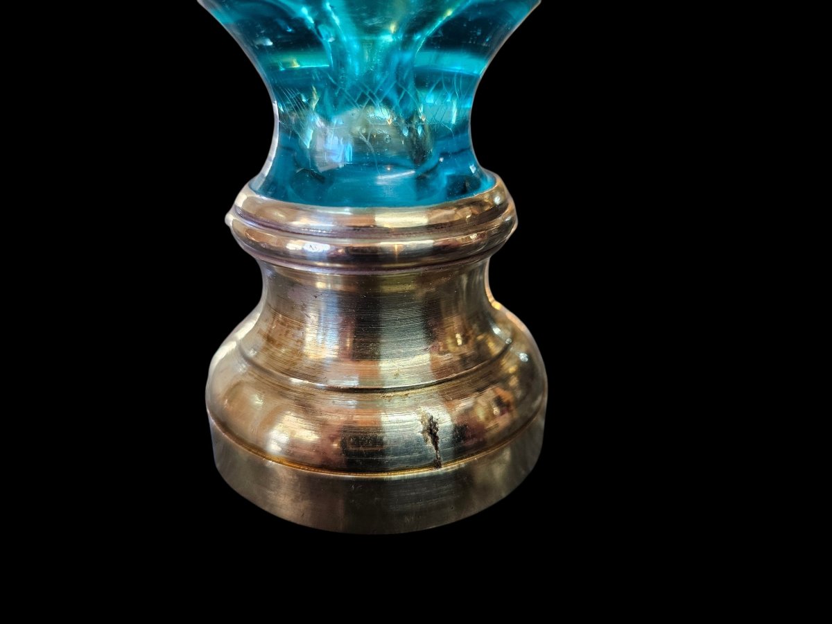 Boule d'escalier en verre bleu avec sa platine de fixation -photo-3