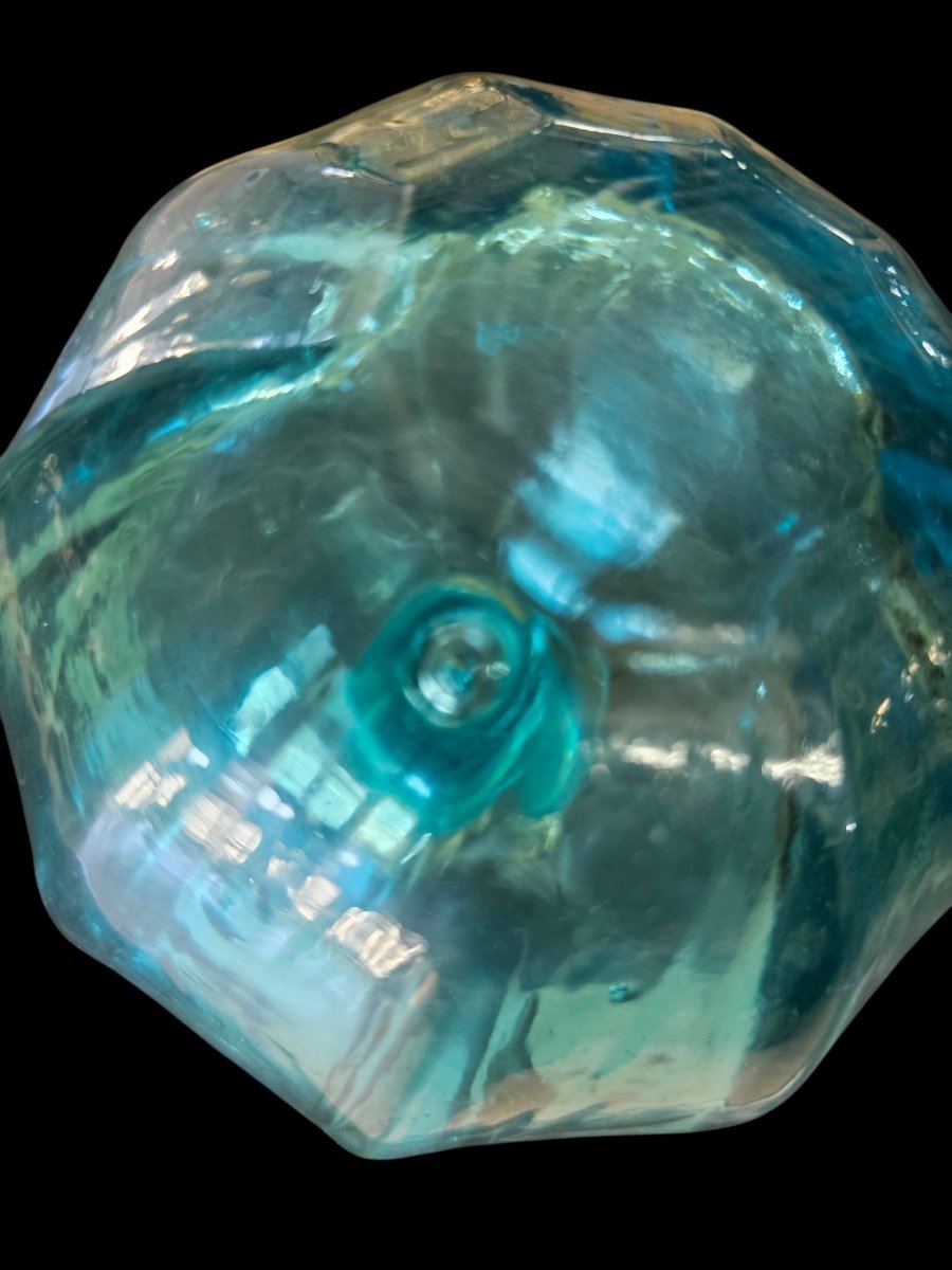 Boule d'escalier en verre bleu avec sa platine de fixation -photo-2