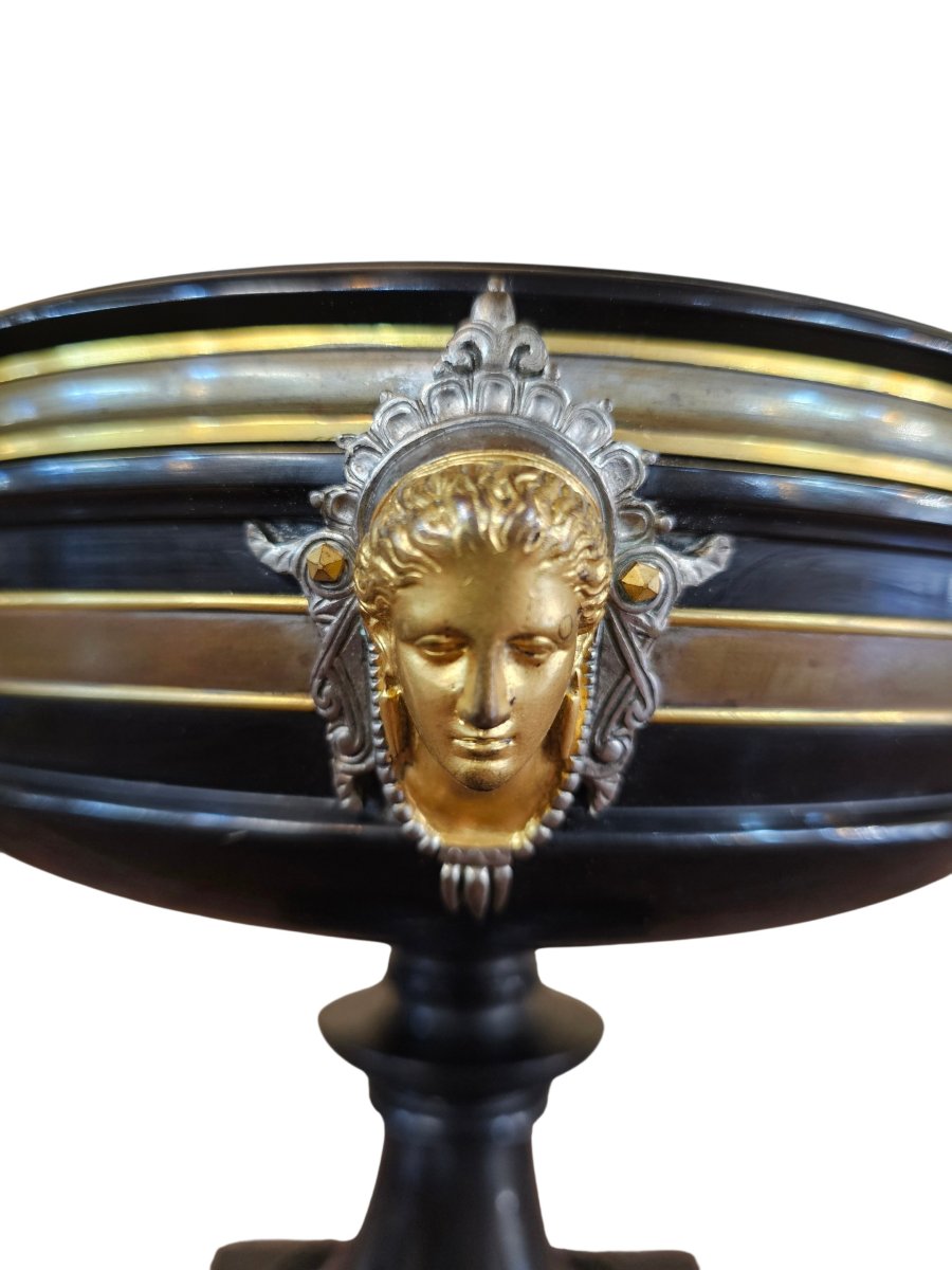 Belgian Black Marble Bowl, Gilded And Silvered Bronze Ornamentation, Barbedienne Label-photo-3