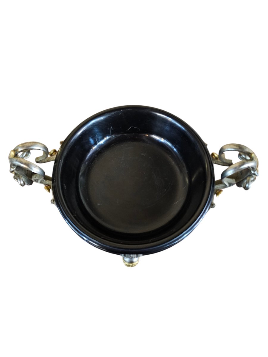Belgian Black Marble Bowl, Gilded And Silvered Bronze Ornamentation, Barbedienne Label-photo-2