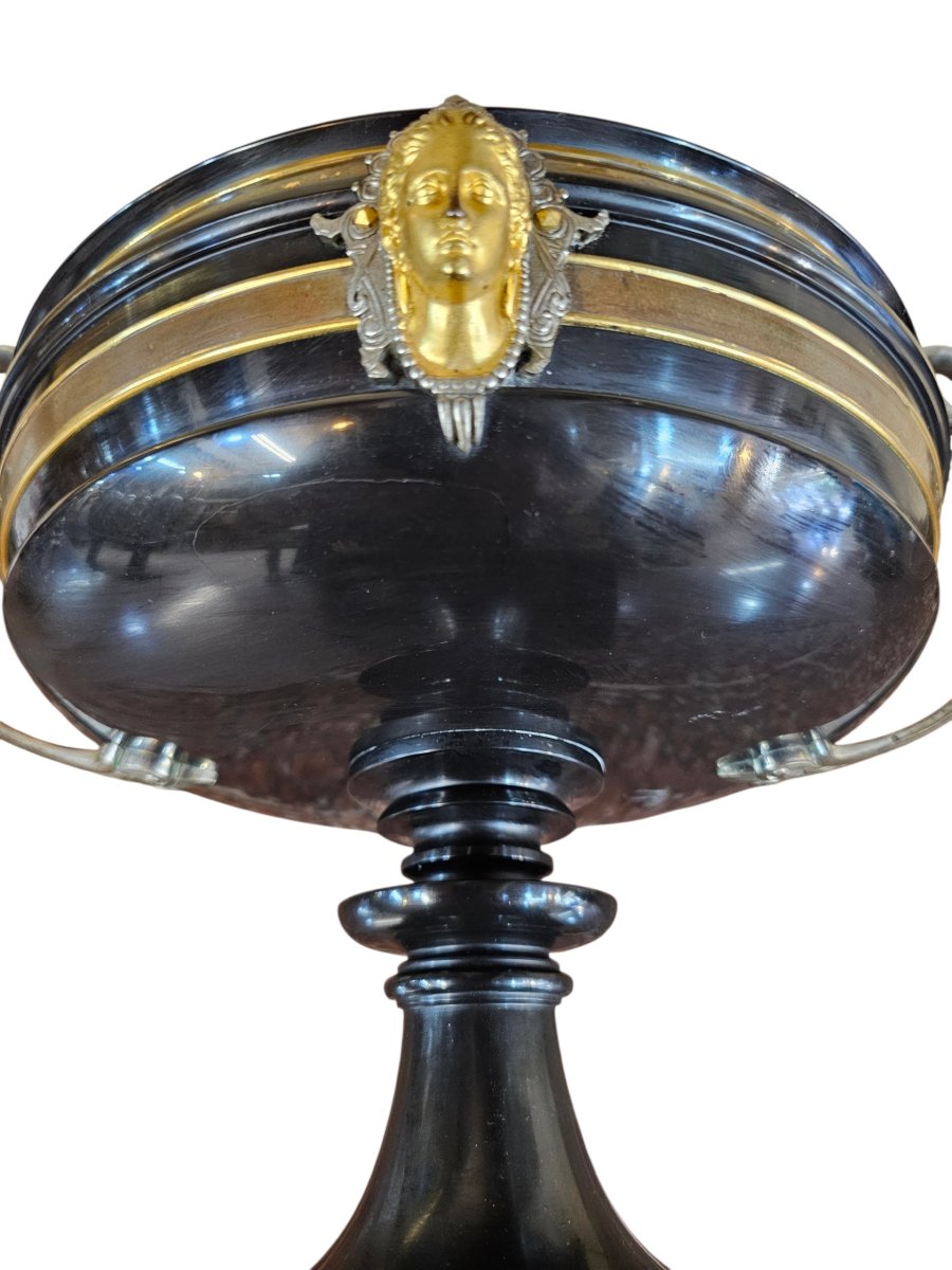 Belgian Black Marble Bowl, Gilded And Silvered Bronze Ornamentation, Barbedienne Label-photo-8