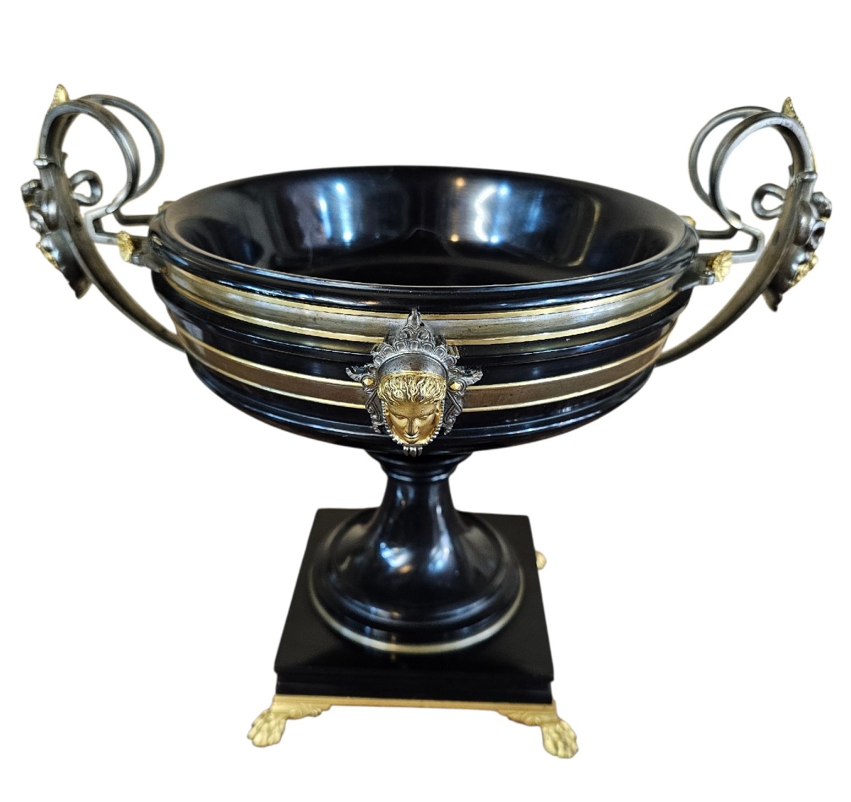 Belgian Black Marble Bowl, Gilded And Silvered Bronze Ornamentation, Barbedienne Label
