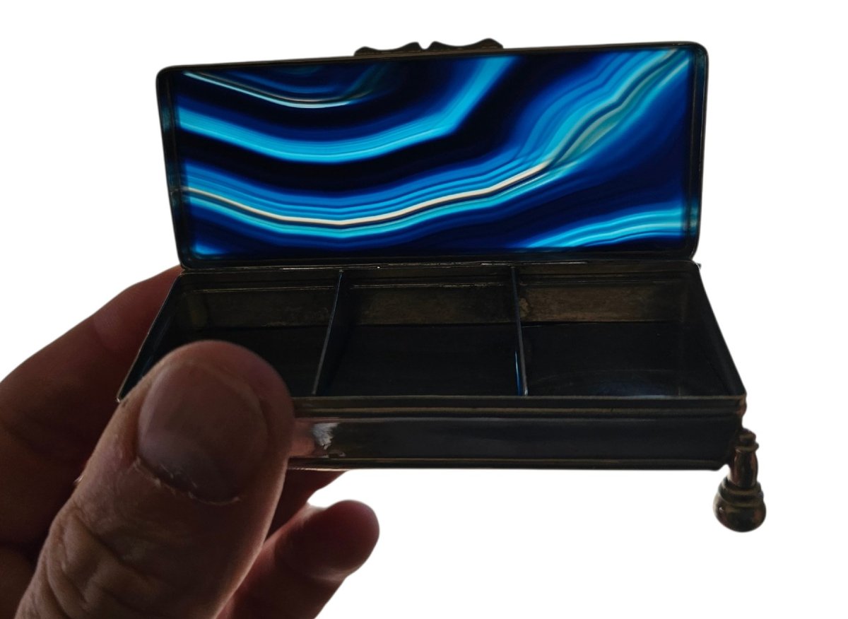Stamp Box In Silver-plated Metal And Blue Agate-photo-2