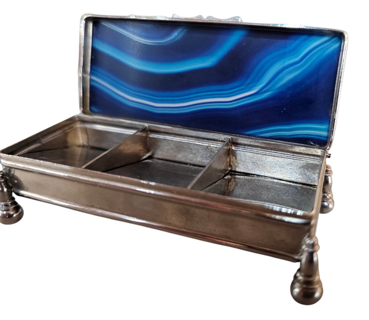 Stamp Box In Silver-plated Metal And Blue Agate-photo-3
